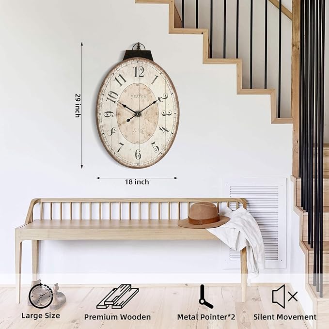 MODE HOME 29 Inch Oval Wall Clock for Living Room Decor, French Vintage Farmhouse Wall Clocks Decorative for Home, Large Wall Clock Battery Operated