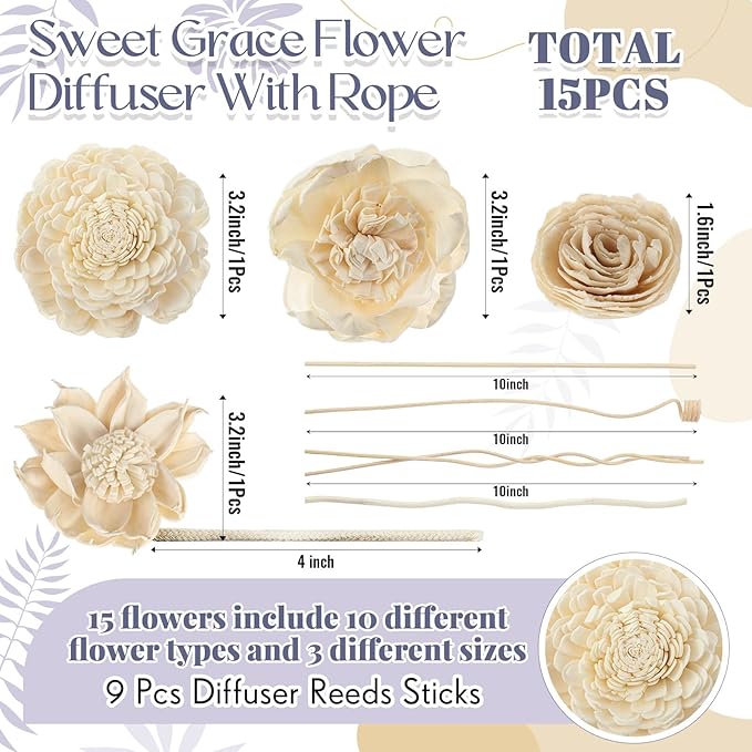 Waydress 15 Pcs Diffuser Mixed Sola Flowers Natural Material Aromatherapy Reed Wood Flowers Decorative Aromatherapy Flower Placement Refill Wood Flower Diffuser with Rope (1.57-3.15 Inches,Classis)