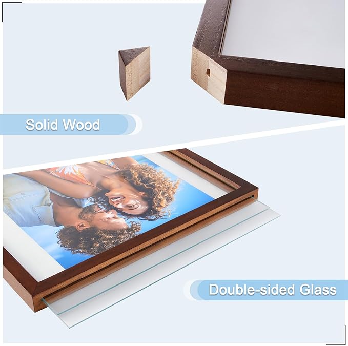 DLQuarts 11x14 Floating Photo Picture Frame, Floating Display for Photos 8x10, 7x9, 5x7, 8.5x11 Certificate, or Full Display for 11x14 Photos, Solid Wood, Double Glass, 2 Pack, Retro Walnut