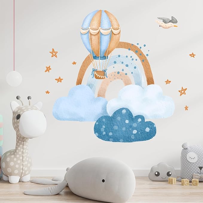 Hot Air Balloon & Clouds Wall Decals - Peel and Stick Watercolor Rainbow Stars Bird Wall Stickers, Decor for Baby Nursery, Toddler & Kids Bedroom Walls