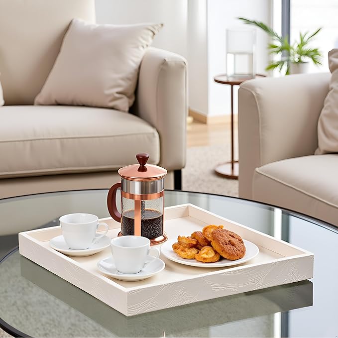 20 * 20 inches Luxury Leather Square Oversized Service Tray, Ottoman & Coffee Tray for Family Dinner, Out-of-House Picnic & Party (Beige)