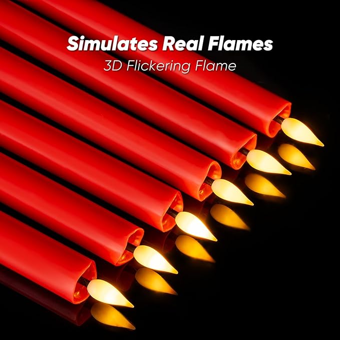 Homemory 6 Pcs Real Wax LED Red Flameless Taper Candles with Remote Timer, 9.6 Inches Fake Candlesticks, Dripless Battery Operated Window Candle with 3D Flickering Flame for Fireplace Xmas Decor