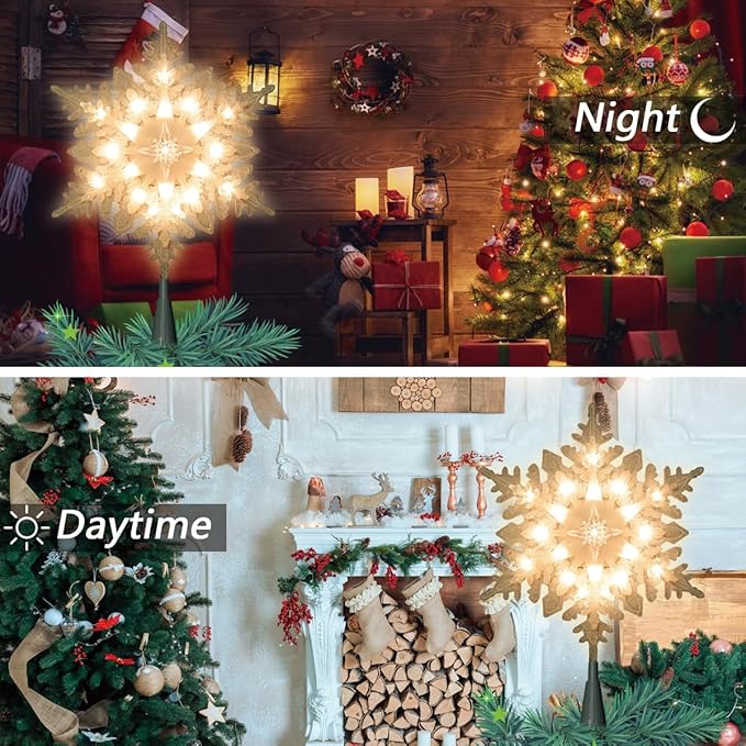 LAMPHOME 10" 20L Lighted Frosted White Stacked Snowflake Tree Topper, Lighted Snowflake Christmas Tree Topper,Warm White