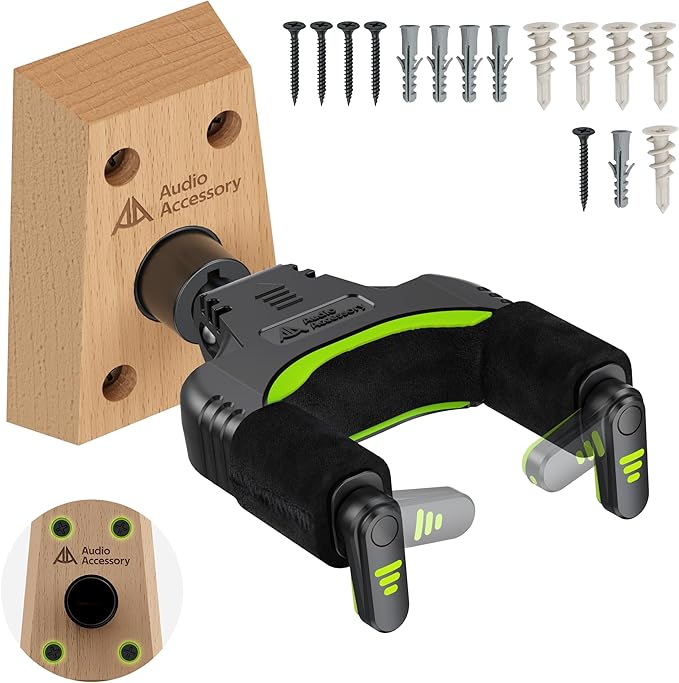 Guitar Wall Mount Autolock - Nitro Friendly Velvet Hook, Never Fall Off Design 4-Screw Beech Wood Locking Guitar Wall Hanger for Bass, Acoustic, Classical, Electric, 8 String Guitar