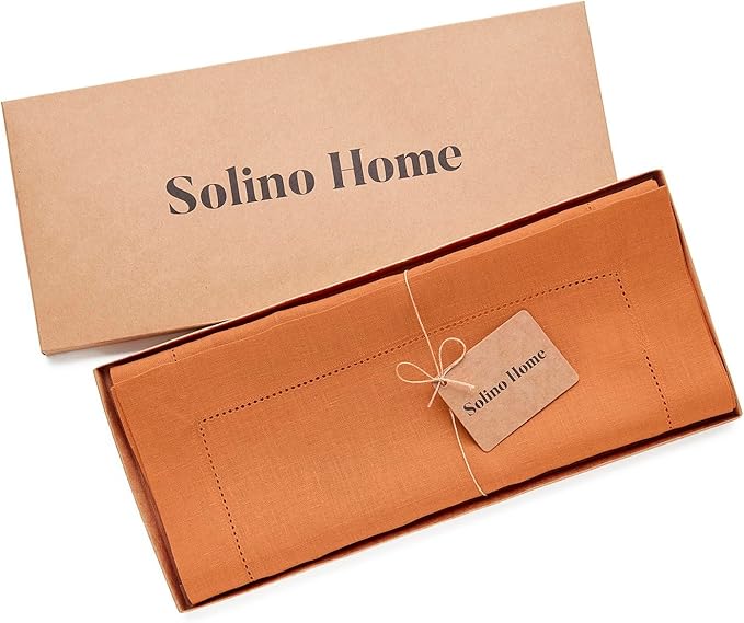 Solino Home Linen Pumpkin Hemstitch Table Runner 48 Inches - 100% Pure Linen Small Table Runner 14 x 48 Inch Ideal for Dresser and Coffee Tables - Classic Hemstitch