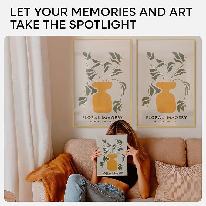 Homeforia 16 x 24 Picture Frame Gold, High End Metal 16x24 Poster Frames with Mat 12x18 Photo, 16 x 24 Gold Frame Matted to 12 by 18 Print, 24x16 Thin Hanging Frame, Tempered Glass, Wall Kit, Set of 2