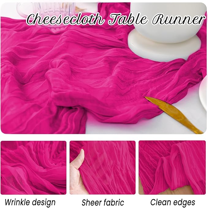 10 Pack Hot Pink Cheesecloth Table Runner,10FT/120 Inch Boho Gauze Fabric Table Runner,Rustic Sheer Hot Pink Cheese Cloth Runner Bulk for Wedding,Bridal Baby Shower,Birthday Party,Holiday Table Decor