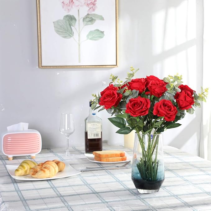 Nubry Artificial Silk Rose Flower Bouquet Lifelike Fake Rose for Wedding Home Party Decoration Event Gift 10pcs (Red)