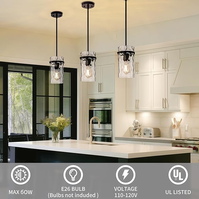 Black Hammered Hand-Blown Glass Pendant Light Modern Pendant Lights Kitchen Island, Hammered Glass Pendant Light Fixtures Farmhouse Dining Room Light Adjustable Pendant Lighting over Sink 2 Pack