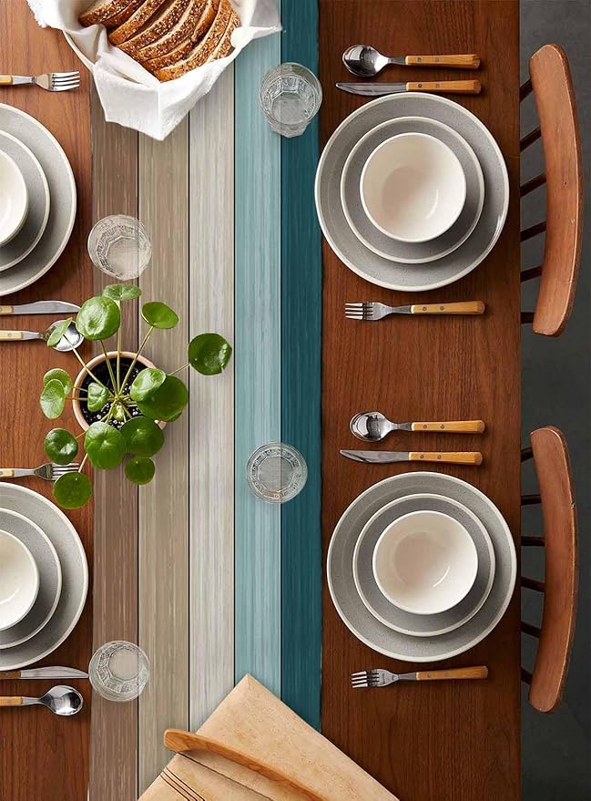 Teal Blue Brown Table Runner, Beach Cotton Linen Tablecloth Summer Holiday Farmhouse Table Decorations for Home,Kitchen,Dining Room,Indoor,Outdoor,18X72 Inches Long,Retro Rustic Barn Wood Texture