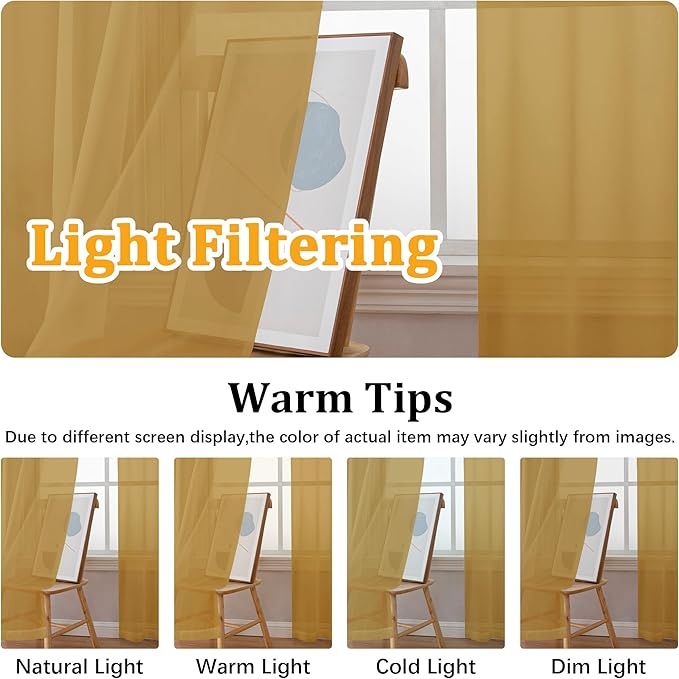 Gwine Gold Sheer Curtains 84 Inches Long 2 Panels Set for Living Room, Rod Pocket Voile Lightweight Bedroom Curtains, Light Filtering Solid Window Sheer Panels, Each 42" Wx84 L
