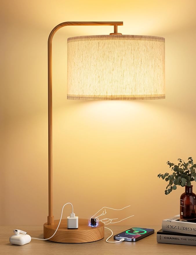 Innqoo Wood Tall Table Lamp with USB Port and Outlet, Dimmable Nightstand Bedside Lamps with Linen Lampshade, Desk Lamp for Bedroom, Living Room, Guest Room, Home Office, LED Bulb Included