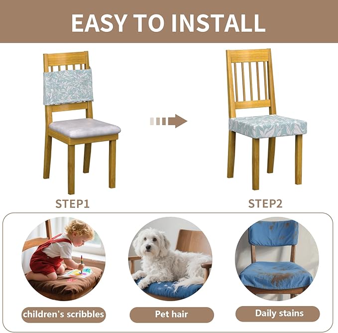 Stretch Dining Chair Seat Covers Set of 6,Dining Chair Slipcovers, Floral Printed Chair Covers,Soft Fabric Washable Upholstered Chair Seat Protector, No Rear Covers for Home Kitchen Dining Room