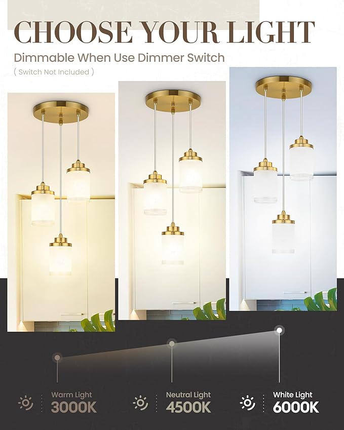 TENGXIN Pendant Lights,3-Light Brushed Gold Pendant Light for Kitchen Island,Hanging Lamp Ceiling Light Fixture, Farmhouse Pendant Lighting for Dining Room Bedroom