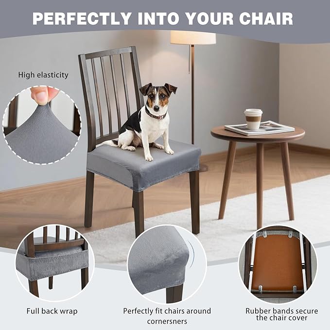 Dining Chair Seat Covers, Stretch Velvet Chair Seat Slipcovers Protector, Removable Washable Kitchen Chair Covers for Dining Room Chairs (Set of 2, Light Grey)