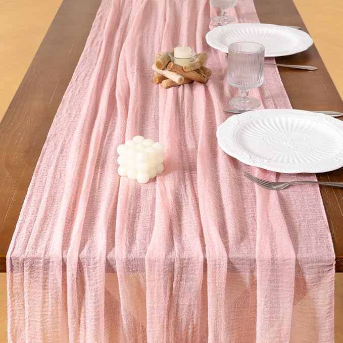 Socomi 3pcs Pink Gauze Valentine's Day Cheesecloth Table Runner Blush 120 Inch Rustic Boho Cheese Cloth Runner for Wedding Party Baby Bridal Shower Centerpiece Decoration Holiday Home Decorations