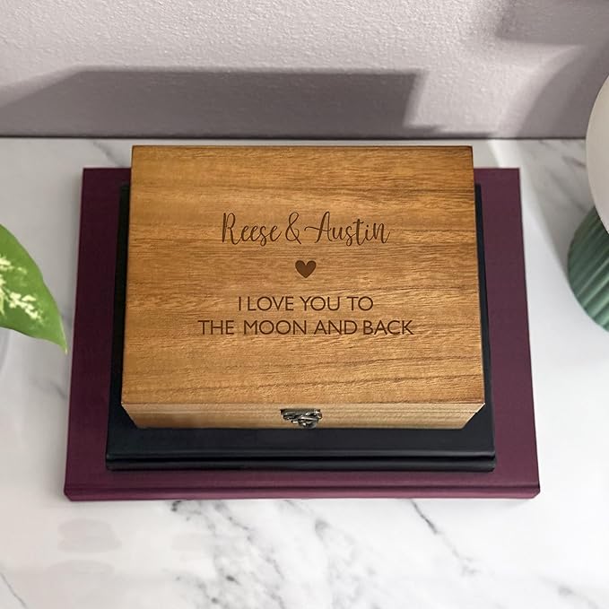 Let's Make Memories Personalized Wooden Keepsake Box With Hinged Lid - Wood Memento Box - Decorative Storage - Home Decor - For Couples, Wedding, Newlyweds - Laser Engraved - Couple's Heart