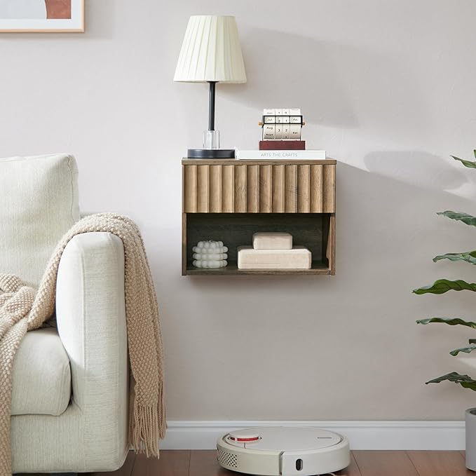Floating Nightstand with Fluted Drawer - Modern Wall Mounted Bedside Table with Open Storage Shelf, Small Night Stand TV Stand for Bedroom(Rustic Brown)