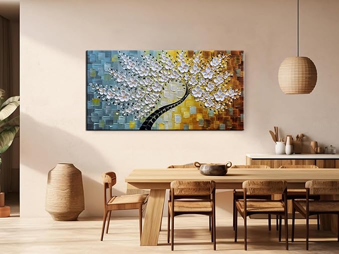 YaSheng Art-Handmade White Flower Contemporary Art Oil Painting On Canvas 3D Texture Abstract Tree Paintings Modern Home Bedroom, Dining Room, Wall Art Decor Ready to Hang20x40inch