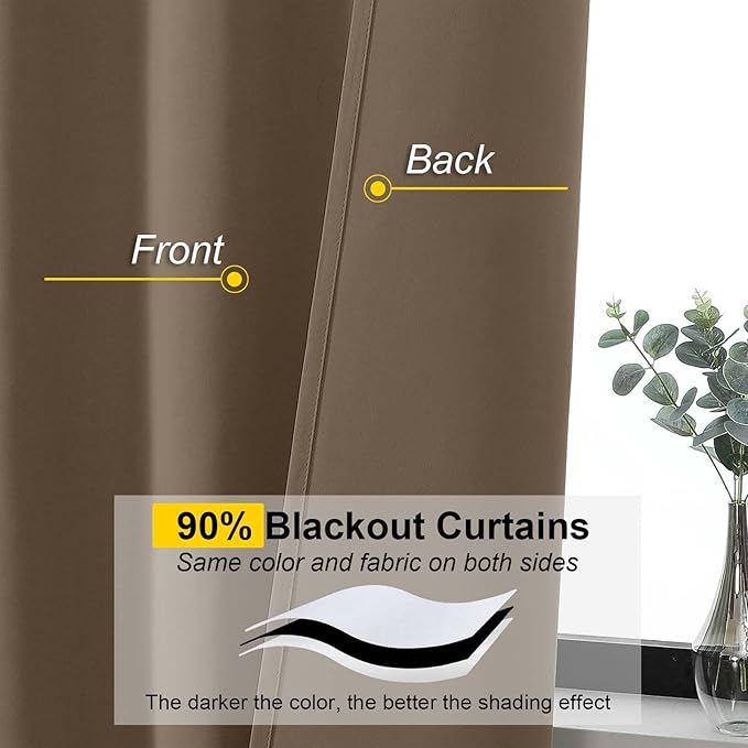 Brown Cafe Blackout Curtains 36 Inch Length 2 Panels Set, Soft Solid Thermal Insulated Room Darkening Small Window Curtains for Kitchen Bathroom Basement, Brown, Each, 40" Wx36 L