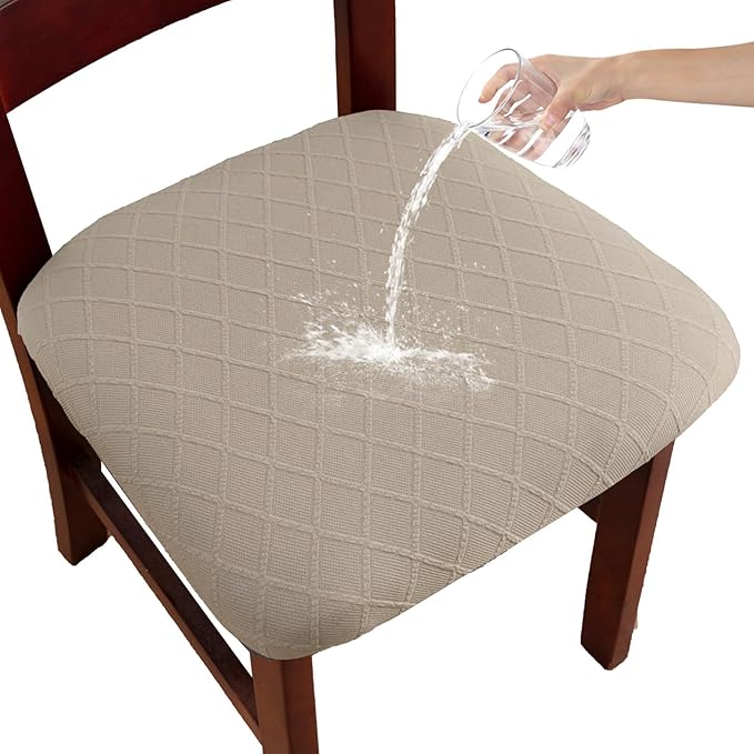 Waterproof Chair Seat Covers Set of 4 for Dining Room, Stretch Removable Washable Dining Chair Seat Slipcovers for Home, Restaurant, Banquet,Kitchen Chair Seat Cushion Protector(Khaki, Large)