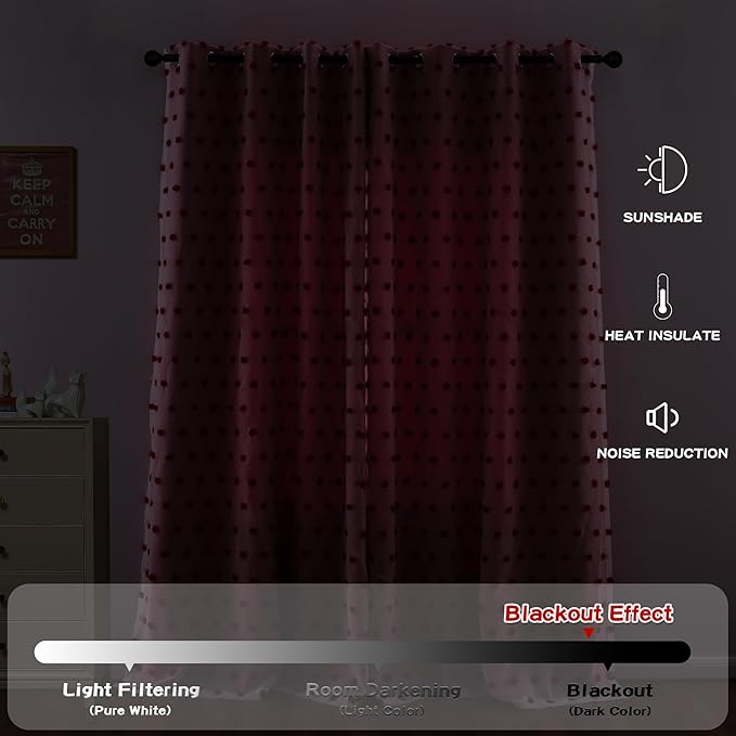 MYSKY HOME Red Christmas Blackout Curtains for Living Room 84 Inches Long with Pom Pom Sheer Nursery Curtains Girl Room Darkening Double Layer Window Drapes Grommet, 52 x 84 in, 2 Pieces