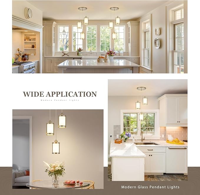 3-Light Pendant Lighting, Brushed Nickel Dining Room Chandelier Light Fixture Over Table with Milk Glass, Modern Cluster Hanging Lights for Kitchen Island Sink, OS-3014-3BNW