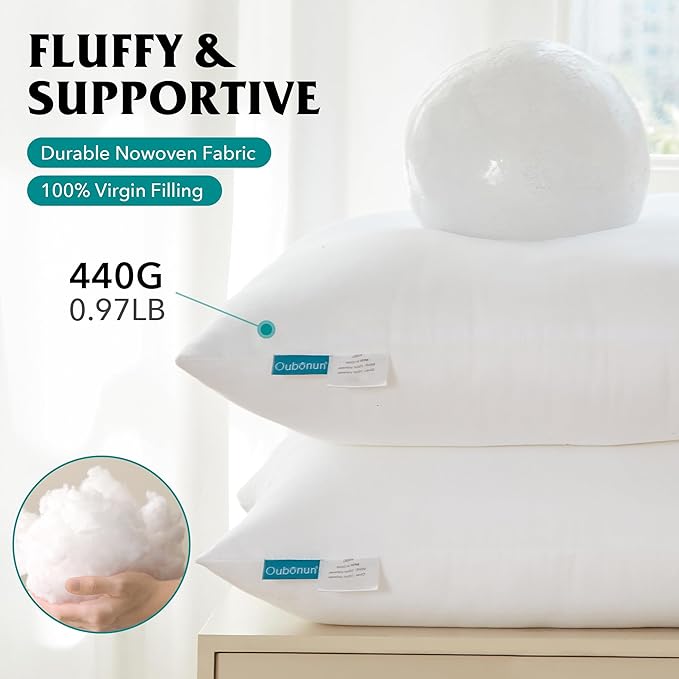 Oubonun 18 x 18 Throw Pillow Inserts - Soft, Plush & Decorative Down Alternative Pillows for Couch Sofa Bed, Machine Washable - White, Pack of 2