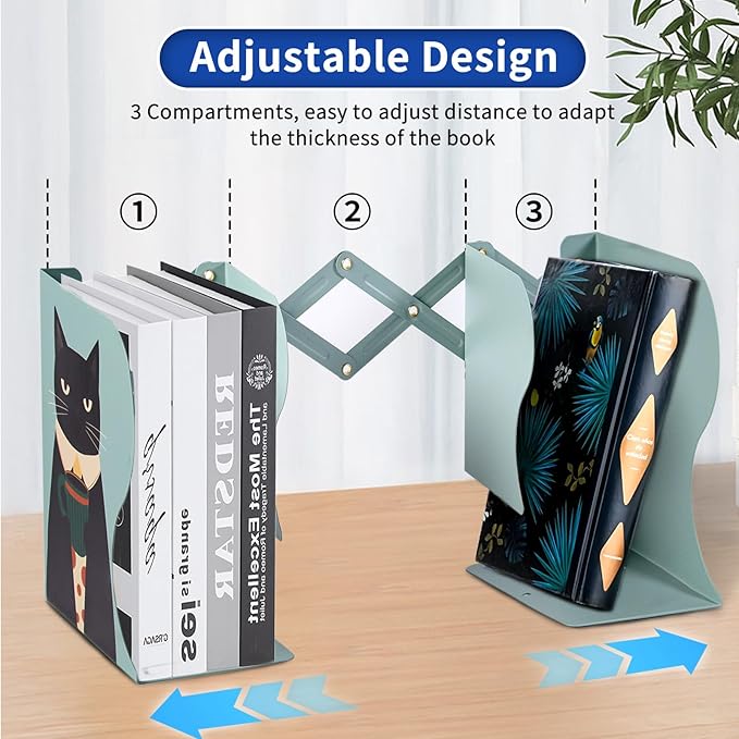 Cat Bookends, Adjustable Metal Book Ends for Shelves Decorative Unique Design for Heavy Books, Non-Skid Book Holder for Home Housewarming Cooking Lover Gifts (Cat)
