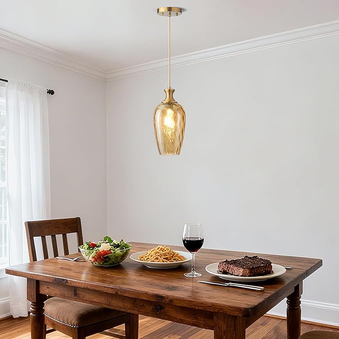 Glass Pendant Lights Kitchen Island, 1-Light Gold Pendant Light Fixtures with Hammered Amber Glass, Vintage Hanging Light for Kitchen Sink Dining Room Bedroom, E26