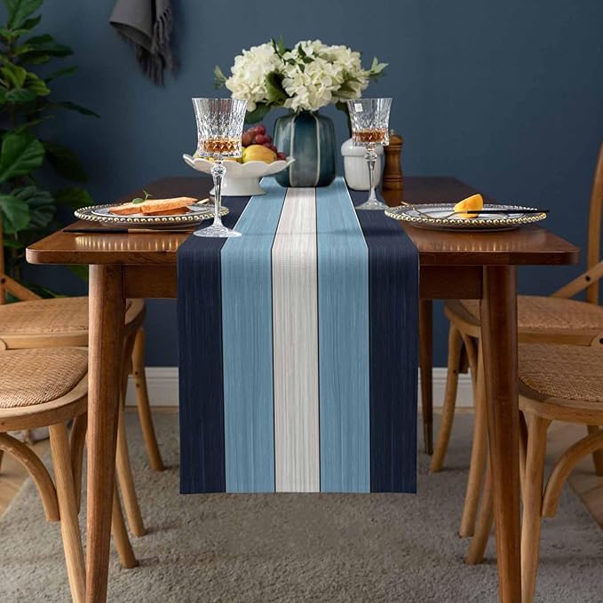 Navy Sky Blue White Table Runner, Farmhouse Cotton Linen Tablecloth Summer Holiday Table Decorations for Home,Kitchen,Dining Room,Indoor,Outdoor,13X60 Inches Long, Retro Rustic Barn Wood Texture