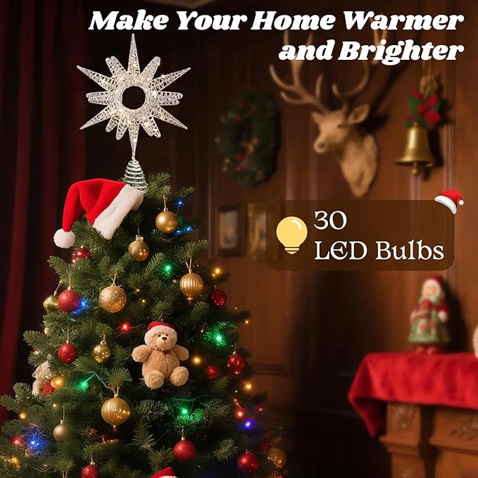 Lewondr Christmas Tree Topper, 14.17'' Metal Xmas Star Tree Topper with 30 LED Bulbs, USB Remote Control Glittered Sunflower Treetop, 6H Timer, 8 Light Modes Christmas Decorations for Home, Silver