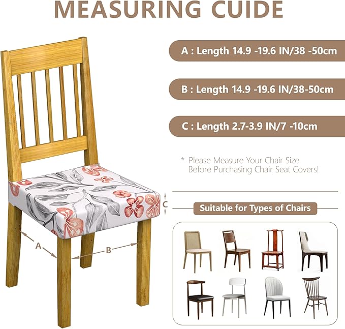 Stretch Dining Chair Seat Covers Set of 4,Dining Chair Slipcovers, Floral Printed Chair Covers,Soft Fabric Washable Upholstered Chair Seat Protector, No Rear Covers for Home Kitchen Dining Room