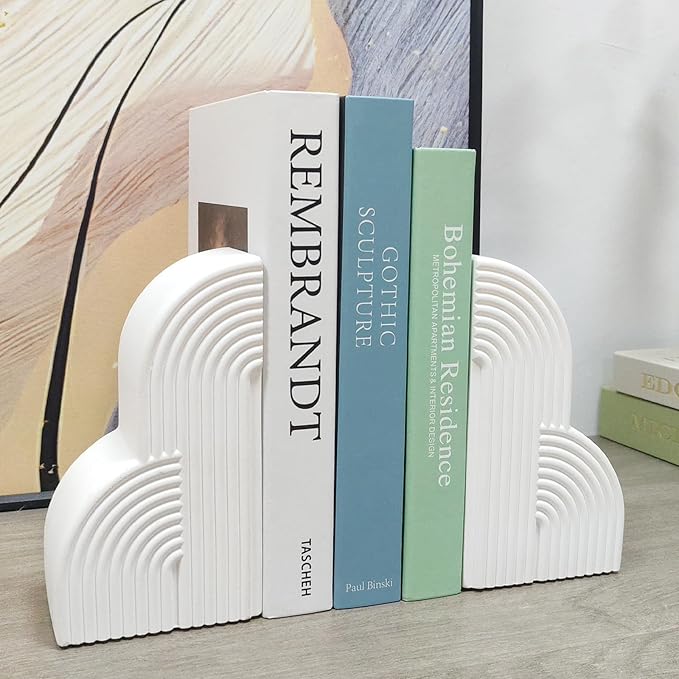 Decorative Book Ends for Heavy Books - Concrete Clound Aesthetic Bookends - Set of 2 Boho Book Stopper for Modern Home Office Bookshelf Decor (Concrete-White)