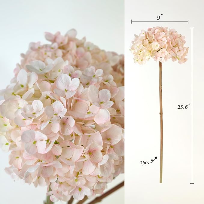 Hydrangea Artificial Flowers, Gradient Color 2PCS Fake Real Touch Large Faux Hydrangea Silk Bouquet with Stems Home and Office Decoration (Pink)