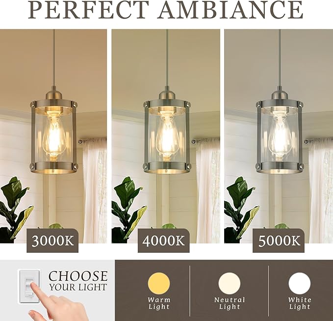 Brushed Nickel Pendant Lights Kitchen Island 3 Pack, Modern Kitchen Pendant Lighting Over Island with Clear Glass, Farmhouse Mini Hanging Light for Sink Dining Room, OS-3014-3PBNC