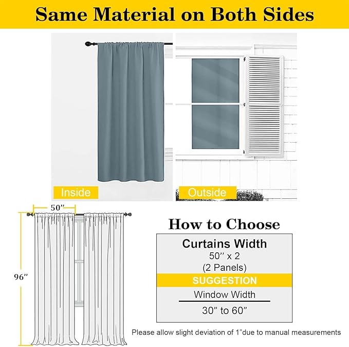 Stone Blue Blackout Curtains for Bedroom Living Room 96 Inches Long 2 Panels, Soft Solid Room Darkening Thermal Insulated Window Treatments, Rod Pocket Curtain, 50" Wx96 L