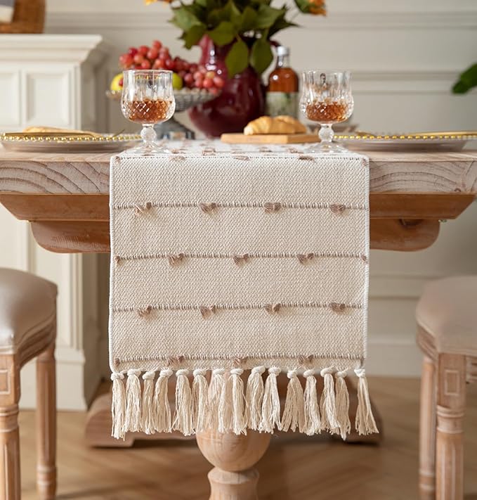 Caflife Boho Table Runner 60 Inchs Long for Modern Farmhouse Room Home Decor, Taupe and Beige Coffee Table Runner, Natural Cotton Woven with Tassels Neutral, for Kitchen Dining Table Decor