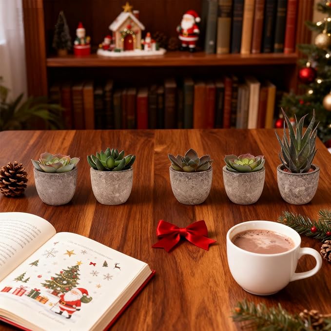 Set of 5 Artificial Succulent Plants in Pots - Lifelike Fake Succulents for Desk Decor, Low-Maintenance Home & Office Decor Gift