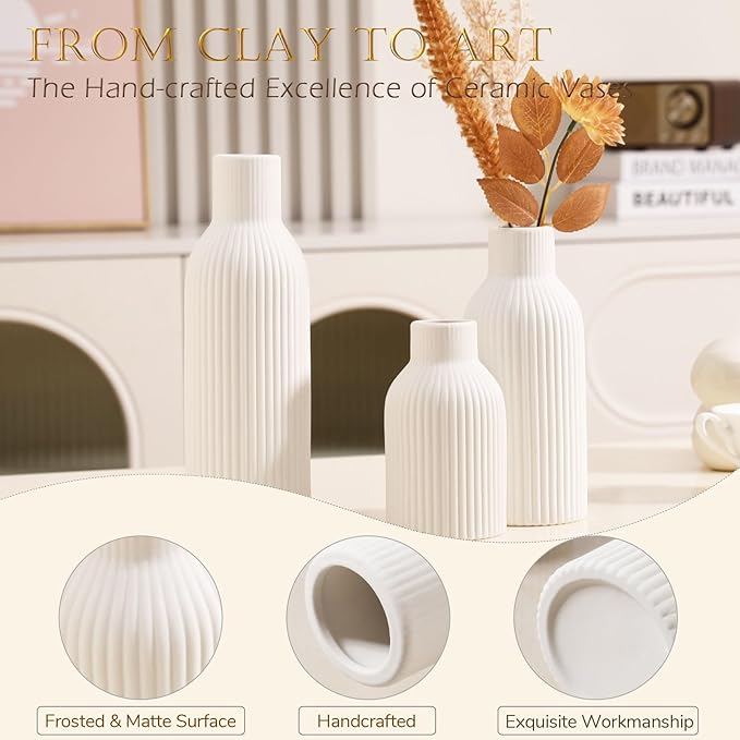 Ceramic Vase Set of 3 - Handcrafted Ceramic Vases for Home Decor & Shelf - Modern Farmhouse Decor for Kitchen, Office, Bedroom & Living Room Decorative Objects for Mantel, Table Centerpieces