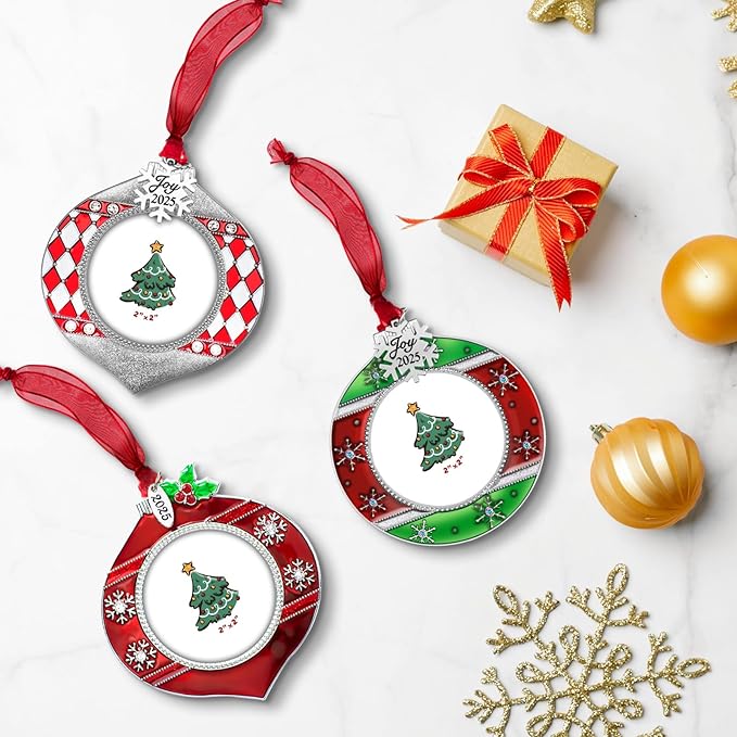 2025 Christmas Tree Ornaments 3 Piece Picture Frame Hanging Ornament Decorative Holiday Keepsake Gift Snowflake Pendant with 2” Photo Frame Insert for Picture of Pet (Red Green Gift Set)