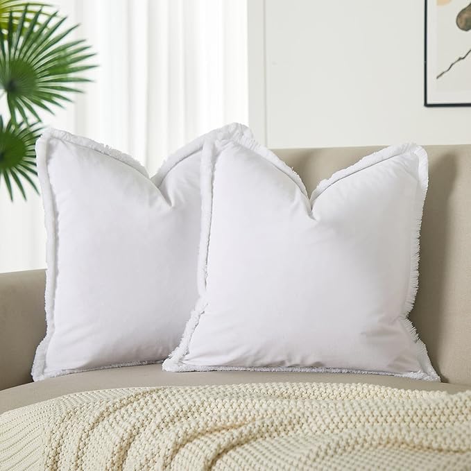 JUSPURBET White Velvet Throw Pillow Covers 18x18 Inch Set of 2 with Soft Tassel Fringe Luxury Boho Pillowcase for Sofa Couch Bed Home Decor Machine Washable