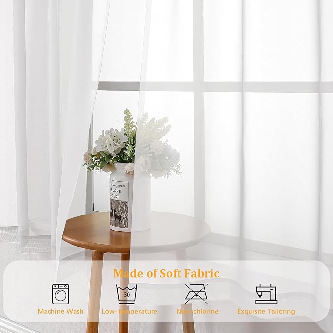 Gwine White Sheer Curtains 108 Inches Long for Living Room 2 Panels Set, Light Filtering Extra Long White Sheer Curtains, Lightweight Filmy Voile Rod Pocket Window Drapes, 59W x 108L, 2 PCS, 9ft