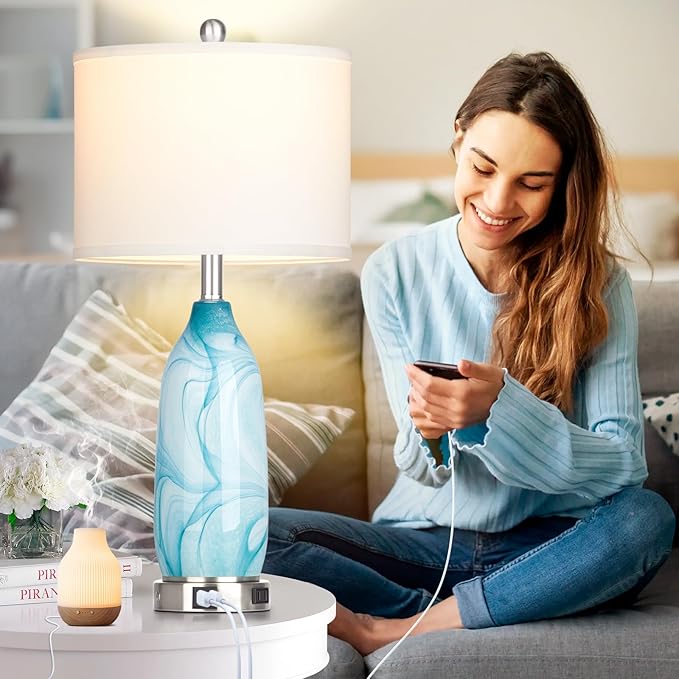26" Coastal Glass Table Lamps Set of 2, Touch Control Bedside Lamp with USB A+C Ports and AC Outlet, Blue Lamp with Night Light for Nightstand Living Room Bedroom, 2 LED Bulbs Included