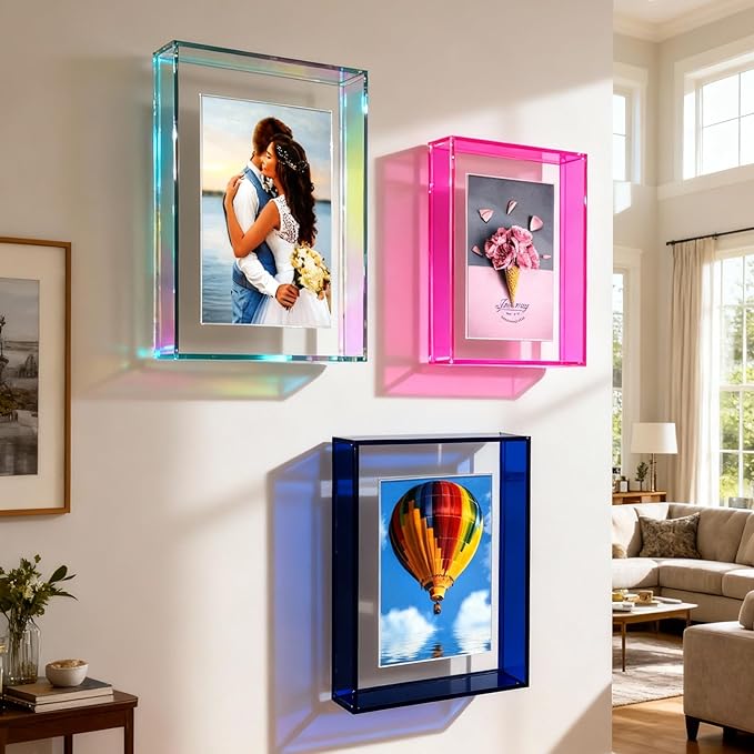 8x10 Acrylic Picture Frame Neon Floating Photo Frame for Wall Mount and Tabletop Decorative in Gallery Home Office, Neon Pink