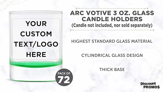 DISCOUNT PROMOS Custom Arc Votive Candle Holders 3 oz. Set of 72, Personalized Bulk Pack - Thick Base, Perfect for Wedding, Anniversary and Party Favors - Green Bottom
