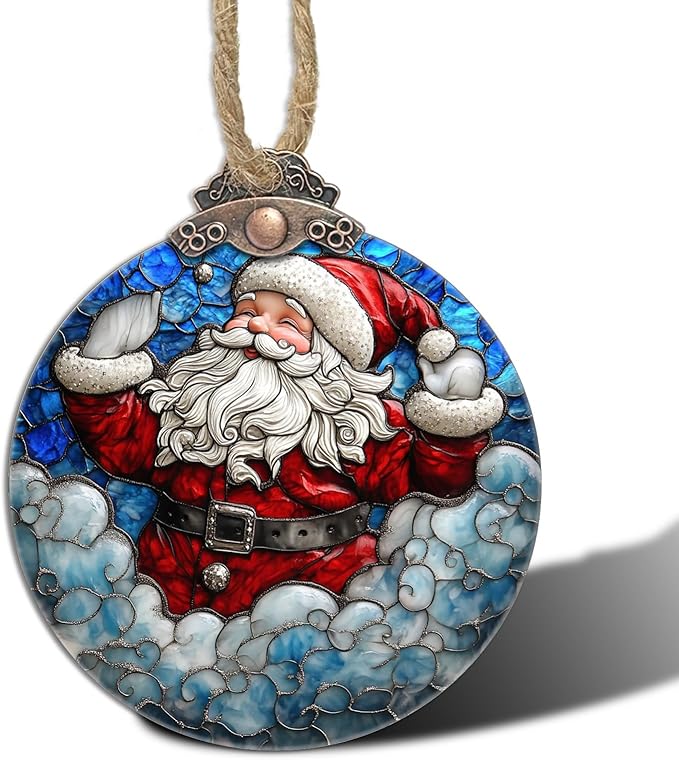 Stained Glass Christmas Decorations, Red Man Santa Claus Blue Cloud Suncatcher for Window Christmas Tree Hanging Ornaments Sun Catcher Xmas Decor Gifts for Women Men Mom Nana Friend