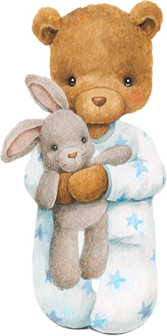 Blue Bear Wall Decals, Baby Boy Room Rabbit Wall Decor, Animal Stickers for Kids Playroom, Toddler Bedroom and Nursery Decoration, Removable Vinyl Decals, Peel and Stick, Moon, Stars.