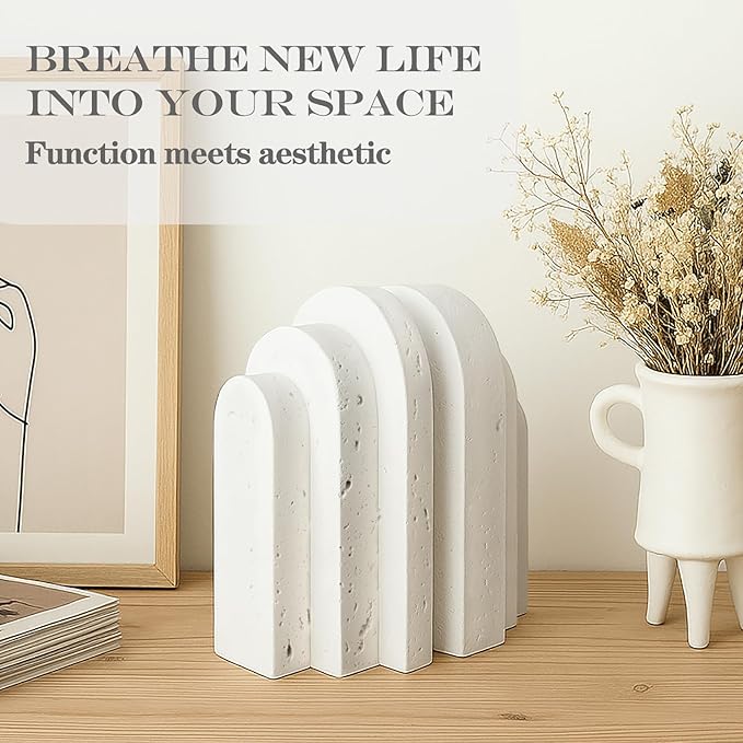 Decorative Book Ends for Shelves - Boho Aesthetic Bookends Decor - Heavy Duty Travertine Book Stopper Holder for Home Office Desk Coffee Table, Gifts for Book Lovers (White)