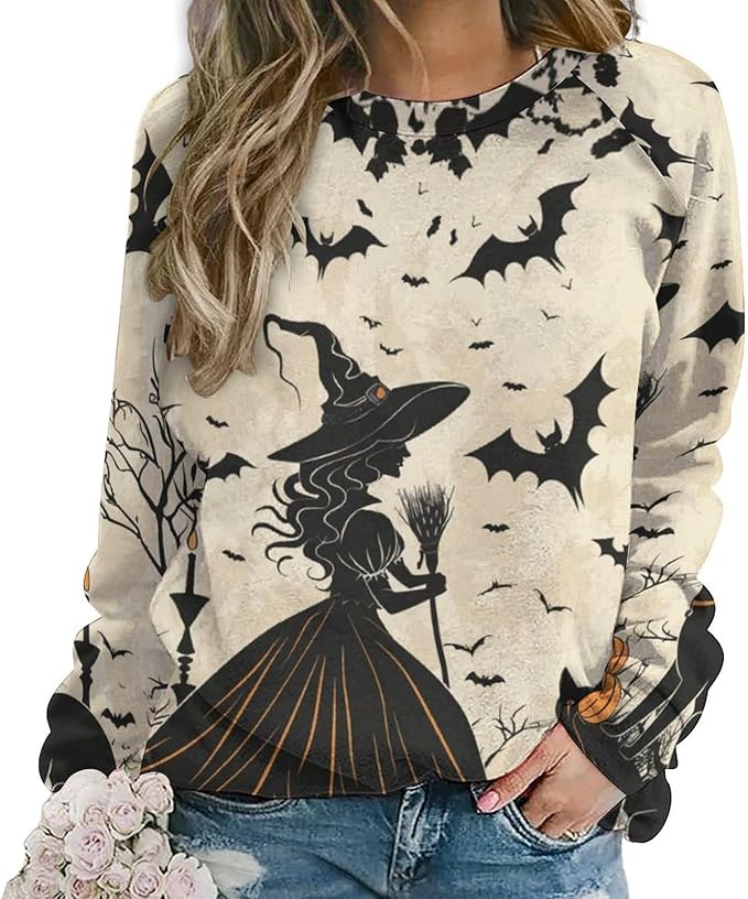 Halloween Sweatshirts for Women Funny and Spooky Print Crewneck Oversized Pullover Outdoor Lounge Fashion Sweater